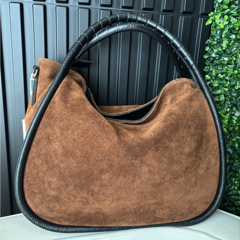 Brown Suede Shoulder Bag with Brown Trim